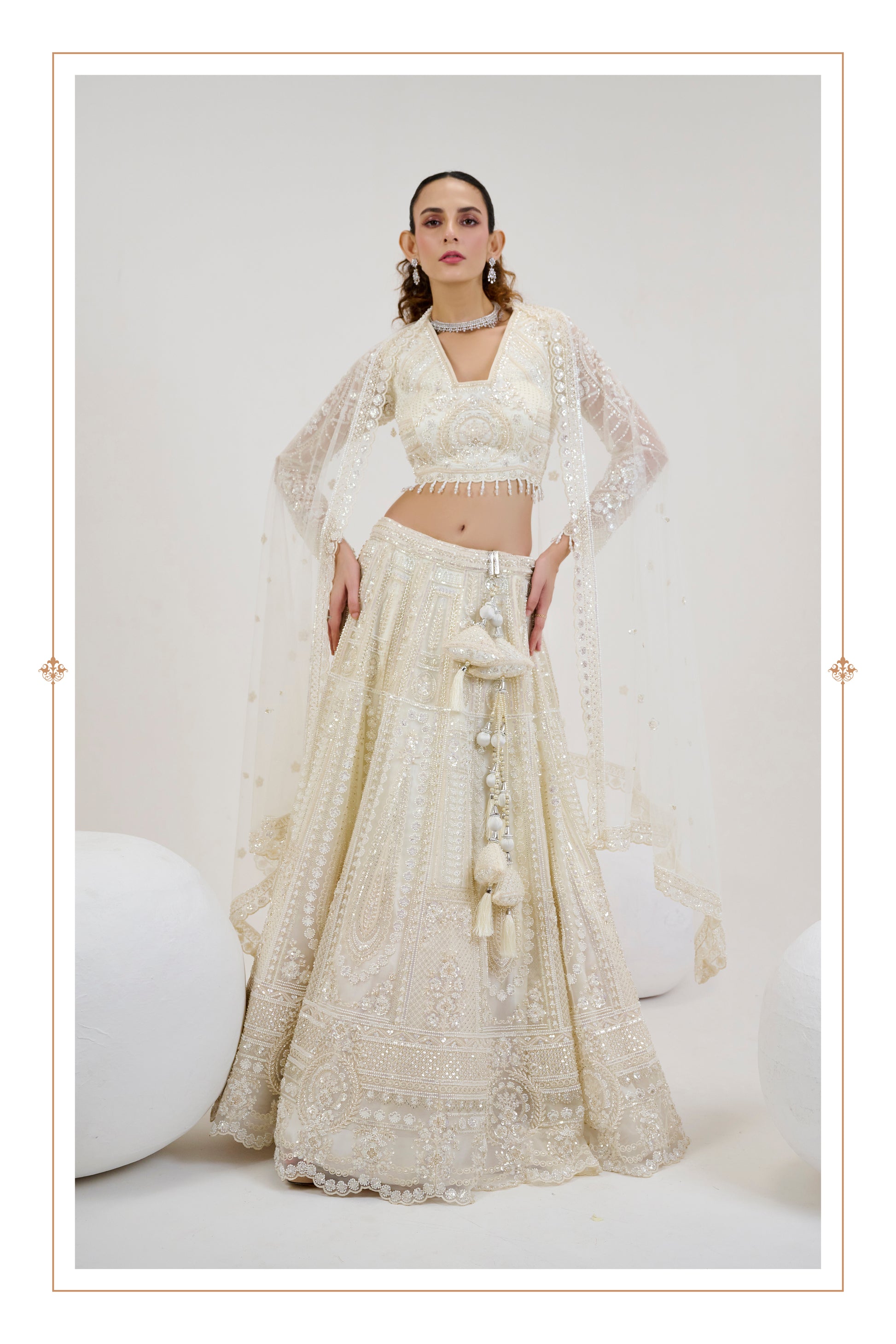 Ivory Net Lehenga with Hand-Embroidered Blouse & Beaded Dupatta