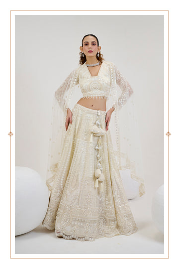 Ivory Net Lehenga with Hand-Embroidered Blouse & Beaded Dupatta