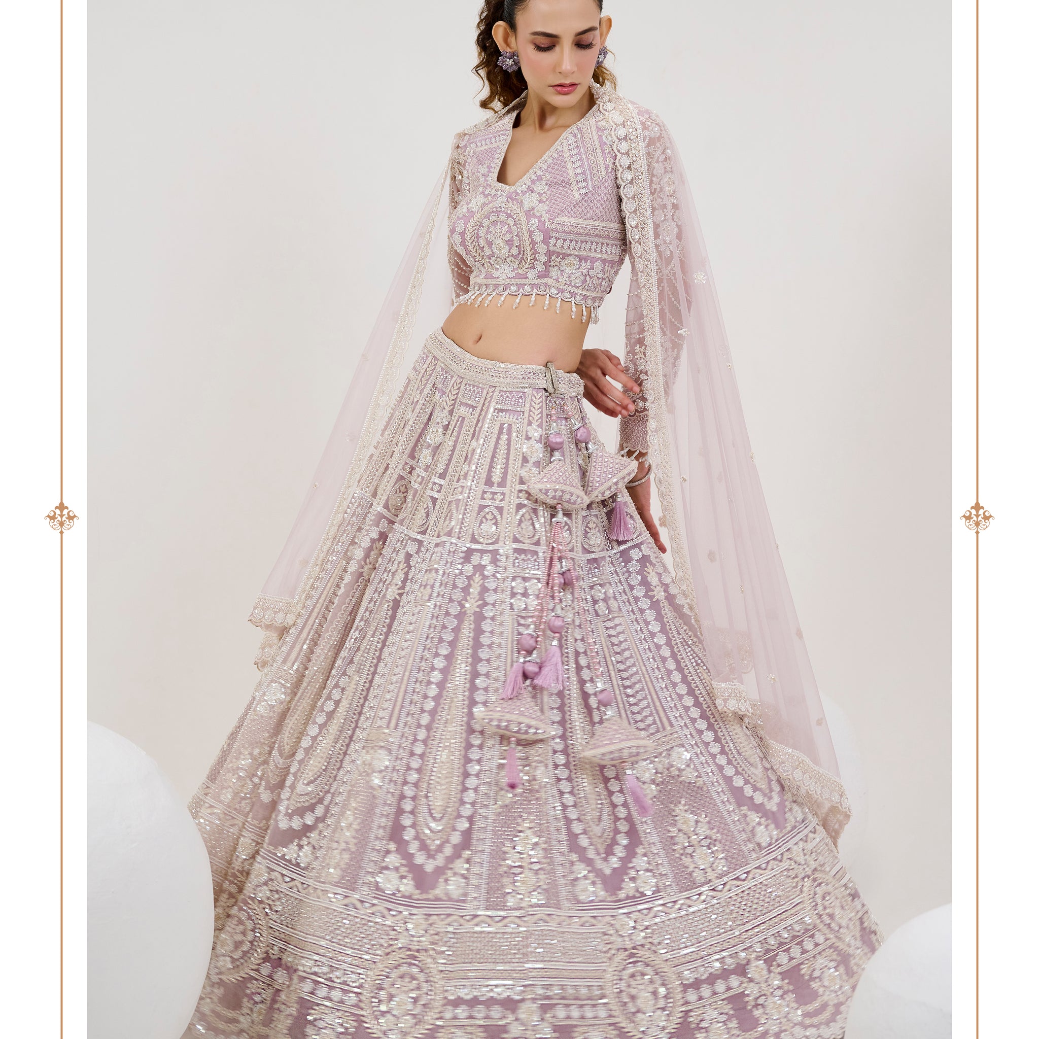 Mauve Net Lehenga with Hand-Embroidered Blouse & Beaded Dupatta