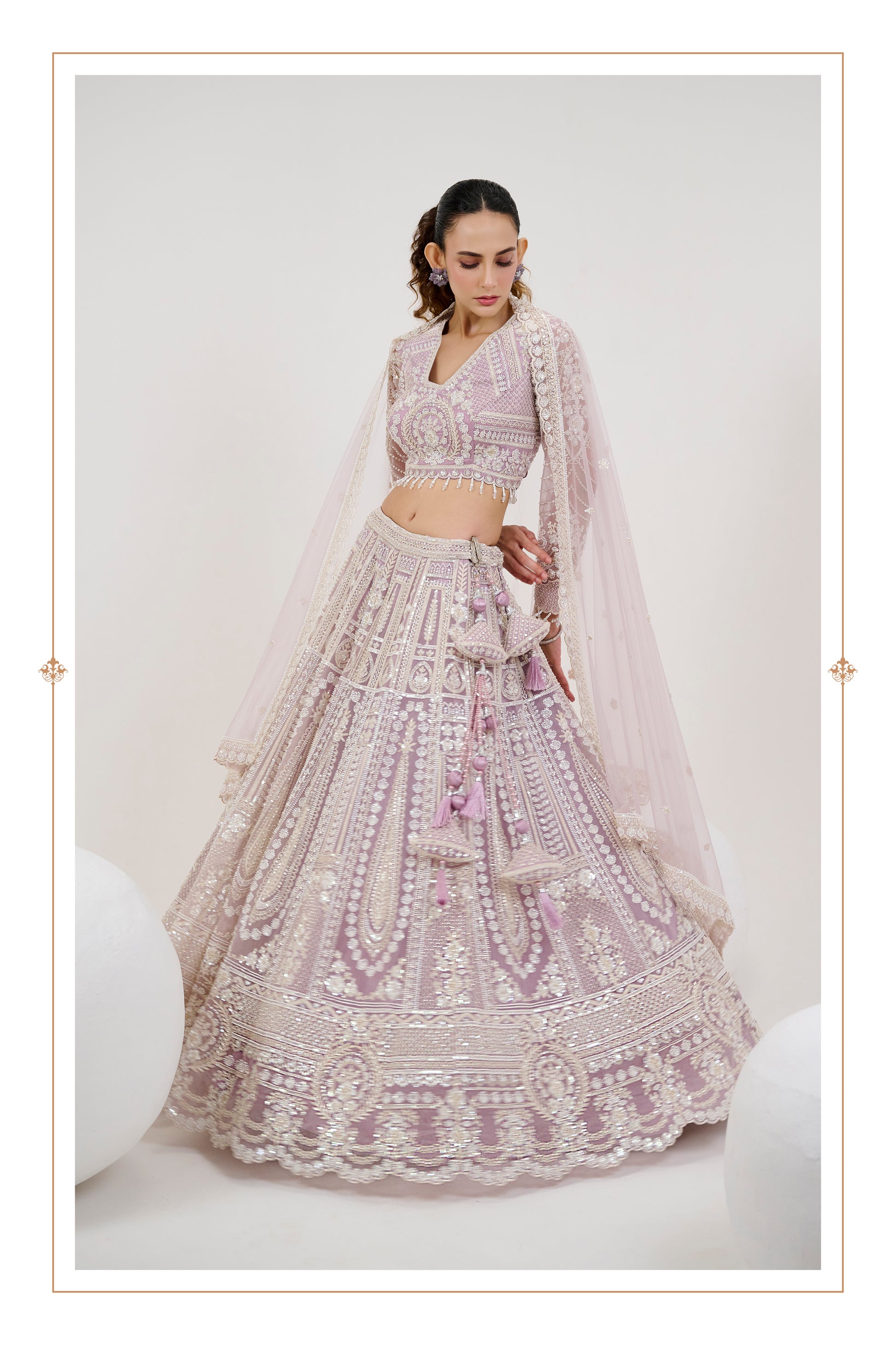 Mauve Net Lehenga with Hand-Embroidered Blouse & Beaded Dupatta