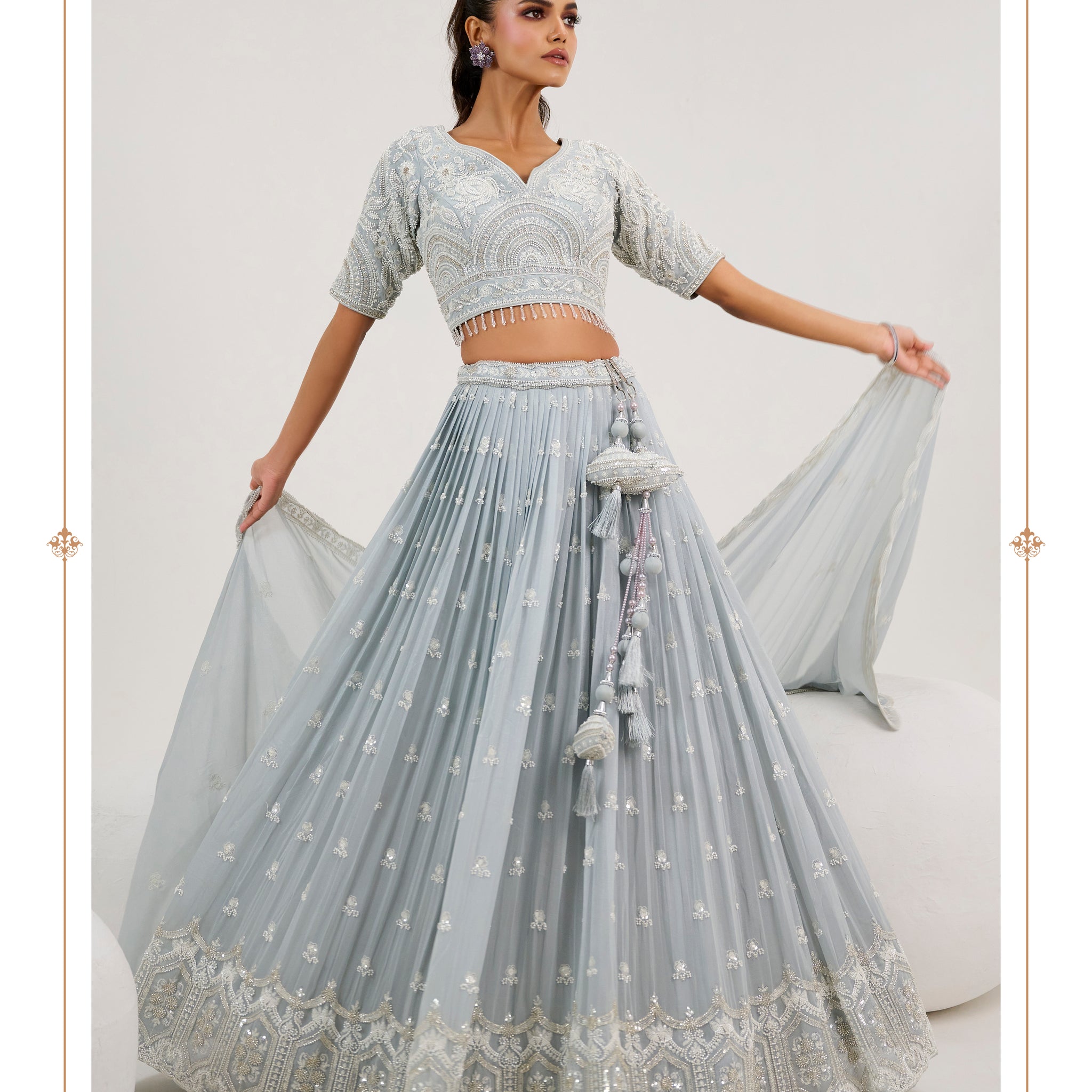 Pastel Blue Bridal Lehenga with Hand-Embroidered Blouse & Dupatta