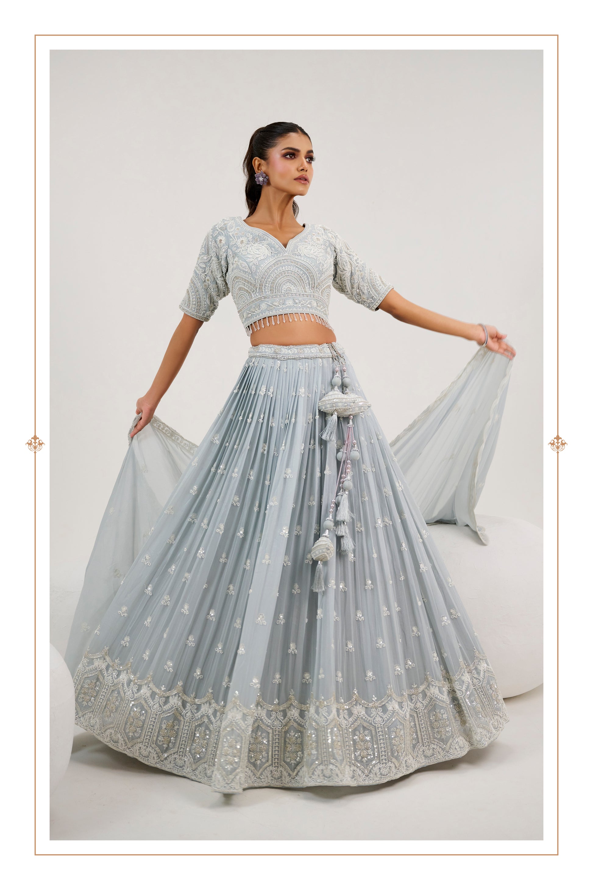 Pastel Blue Bridal Lehenga with Hand-Embroidered Blouse & Dupatta