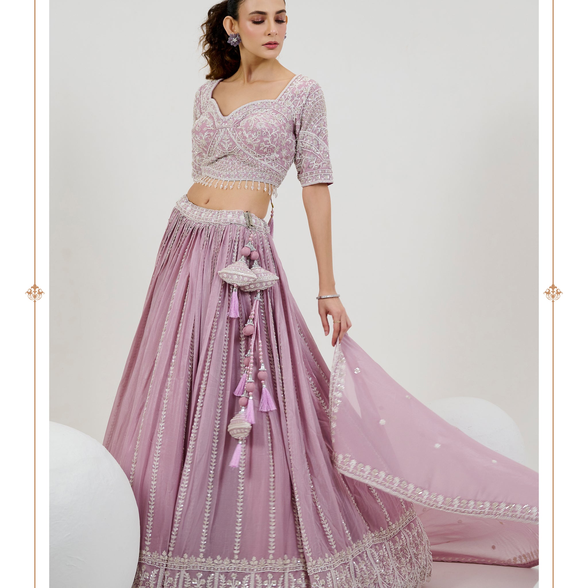 Lavender Bridal Lehenga with Hand Embroidered Blouse and Dupatta
