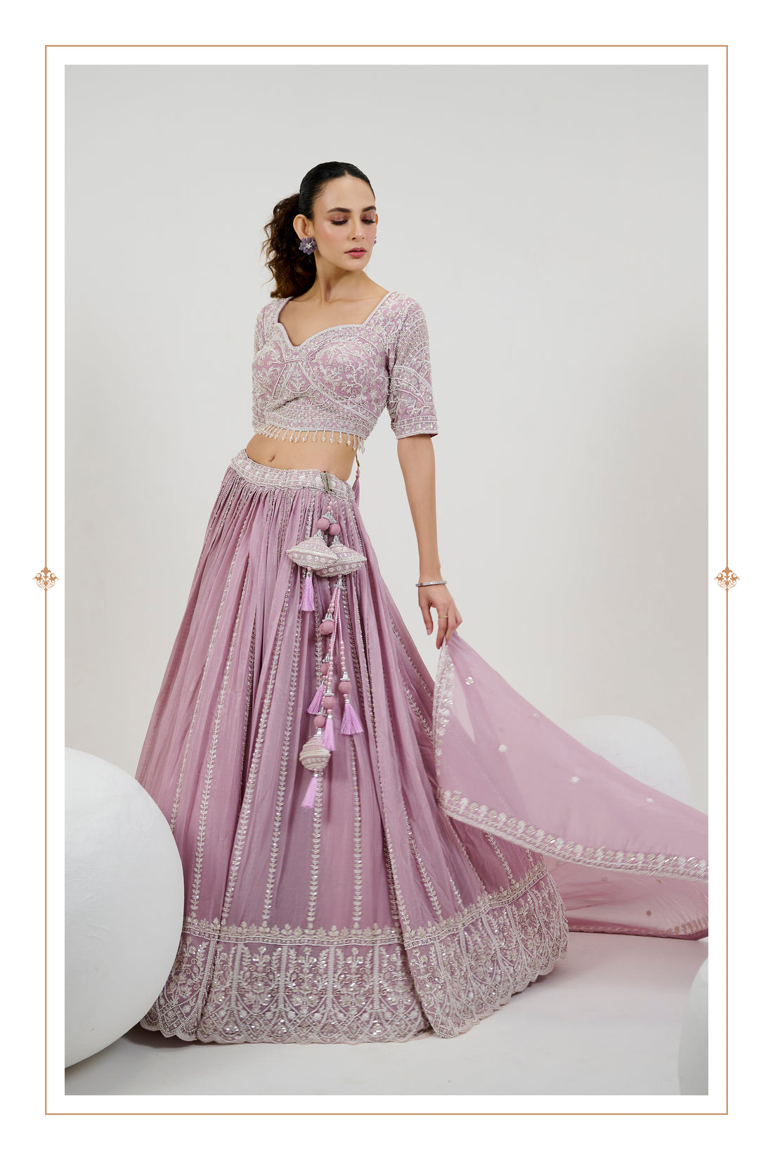 Lavender Bridal Lehenga with Hand Embroidered Blouse and Dupatta
