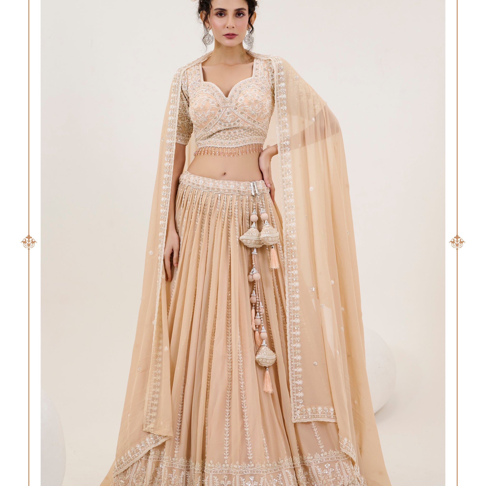 Beige Bridal Lehenga with Hand Embroidered Blouse and Dupatta