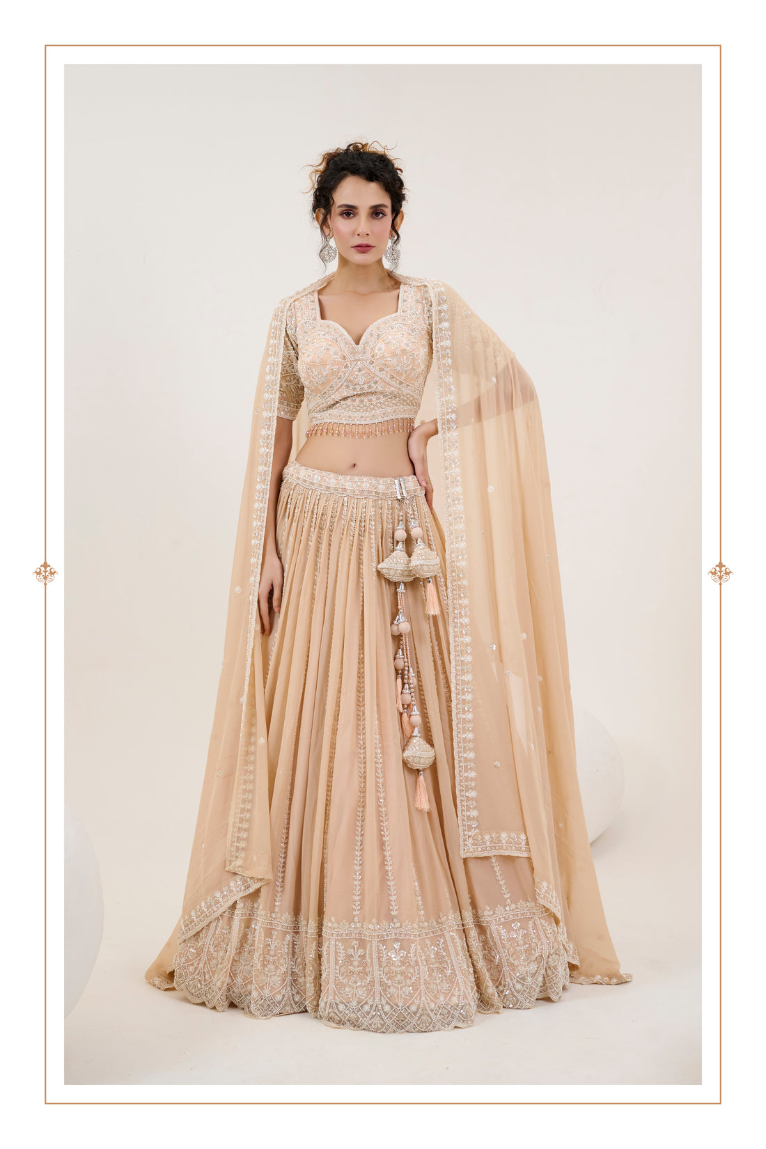 Beige Bridal Lehenga with Hand Embroidered Blouse and Dupatta