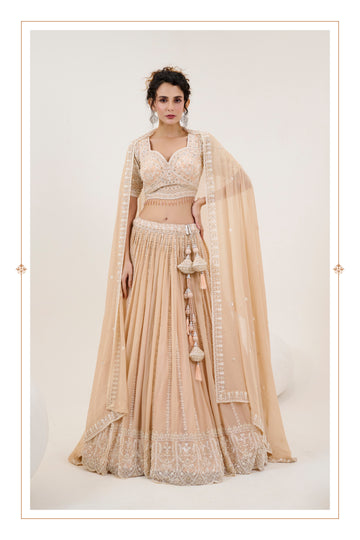 Beige Bridal Lehenga with Hand Embroidered Blouse and Dupatta