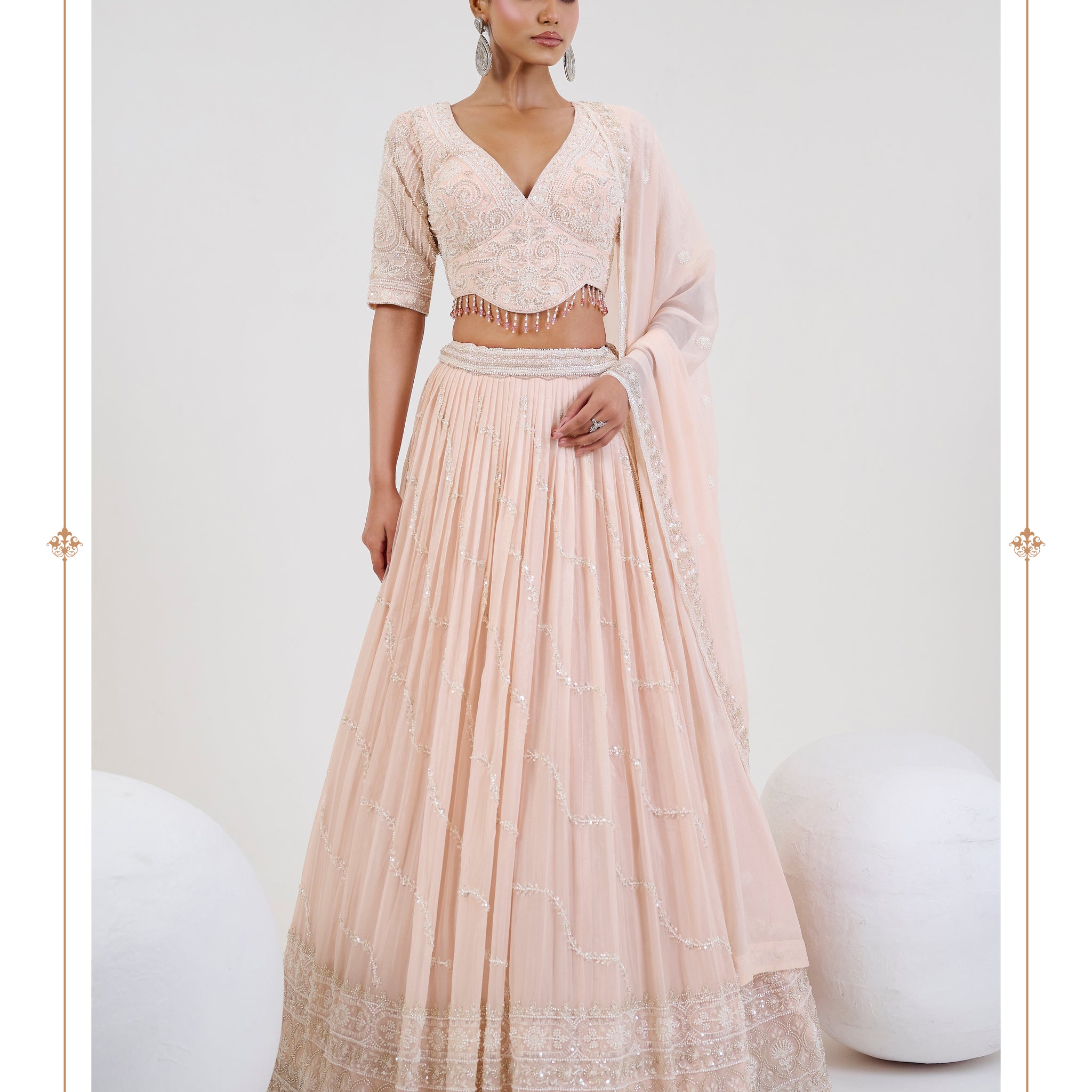 Soft Peach Bridal Lehenga with Hand Embroidered Blouse and Dupatta