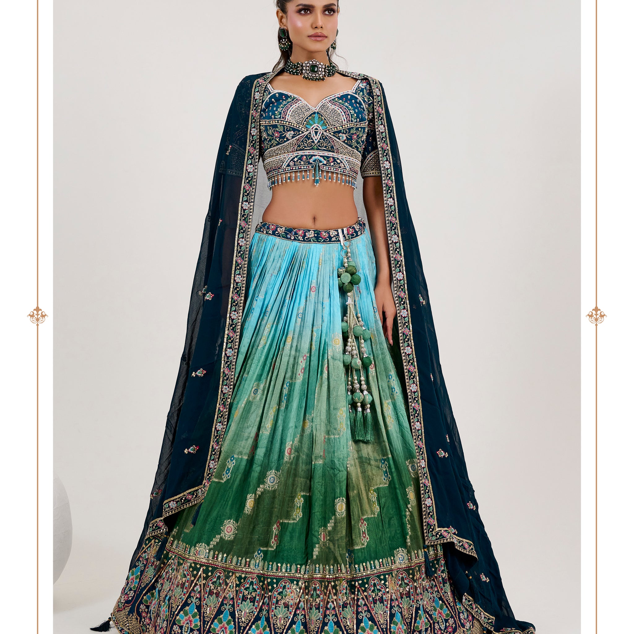 Ocean Teal Ombre Jacquard Lehenga Set with Hand Embroidery & Dupatta