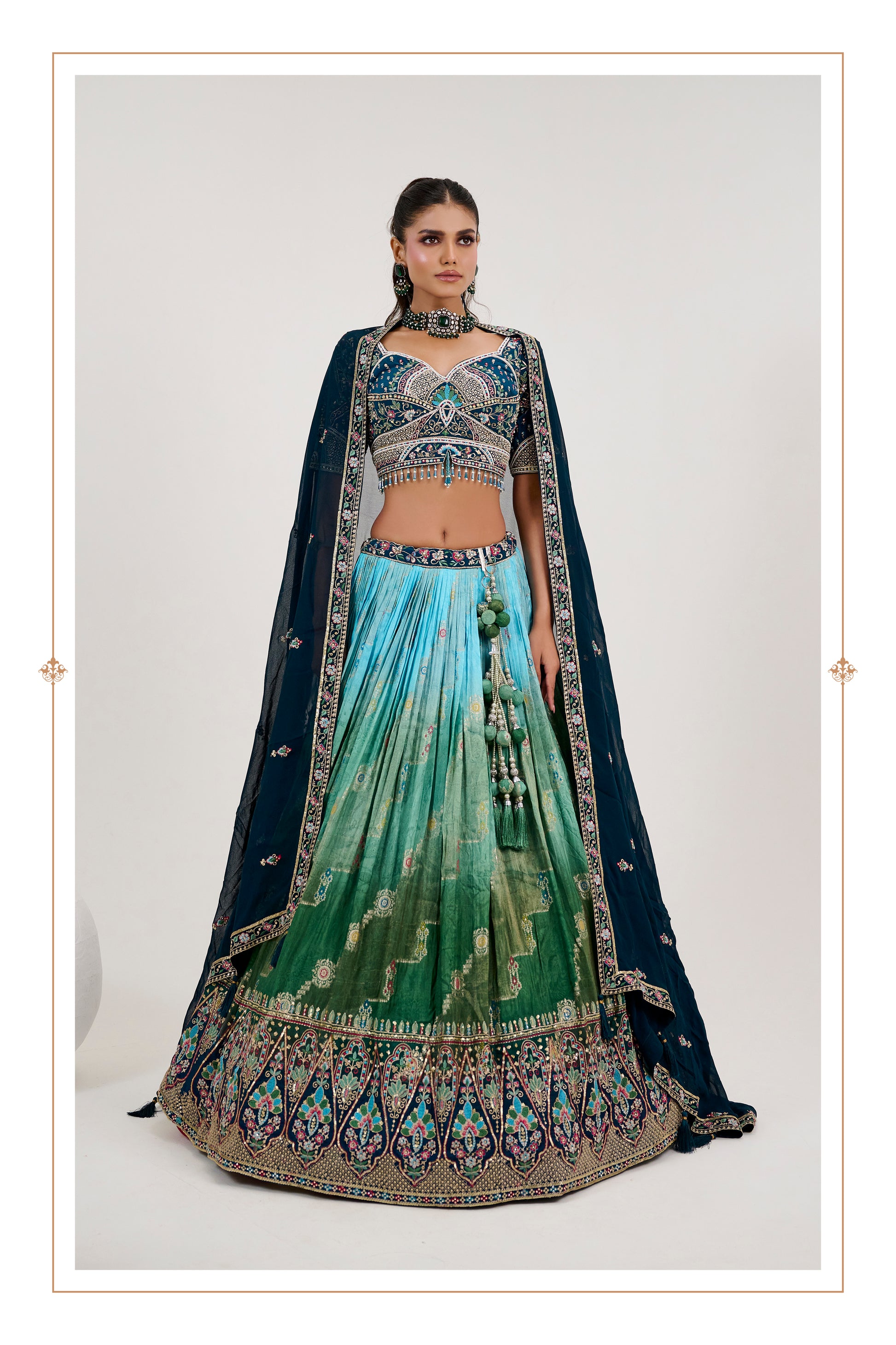 Ocean Teal Ombre Jacquard Lehenga Set with Hand Embroidery & Dupatta