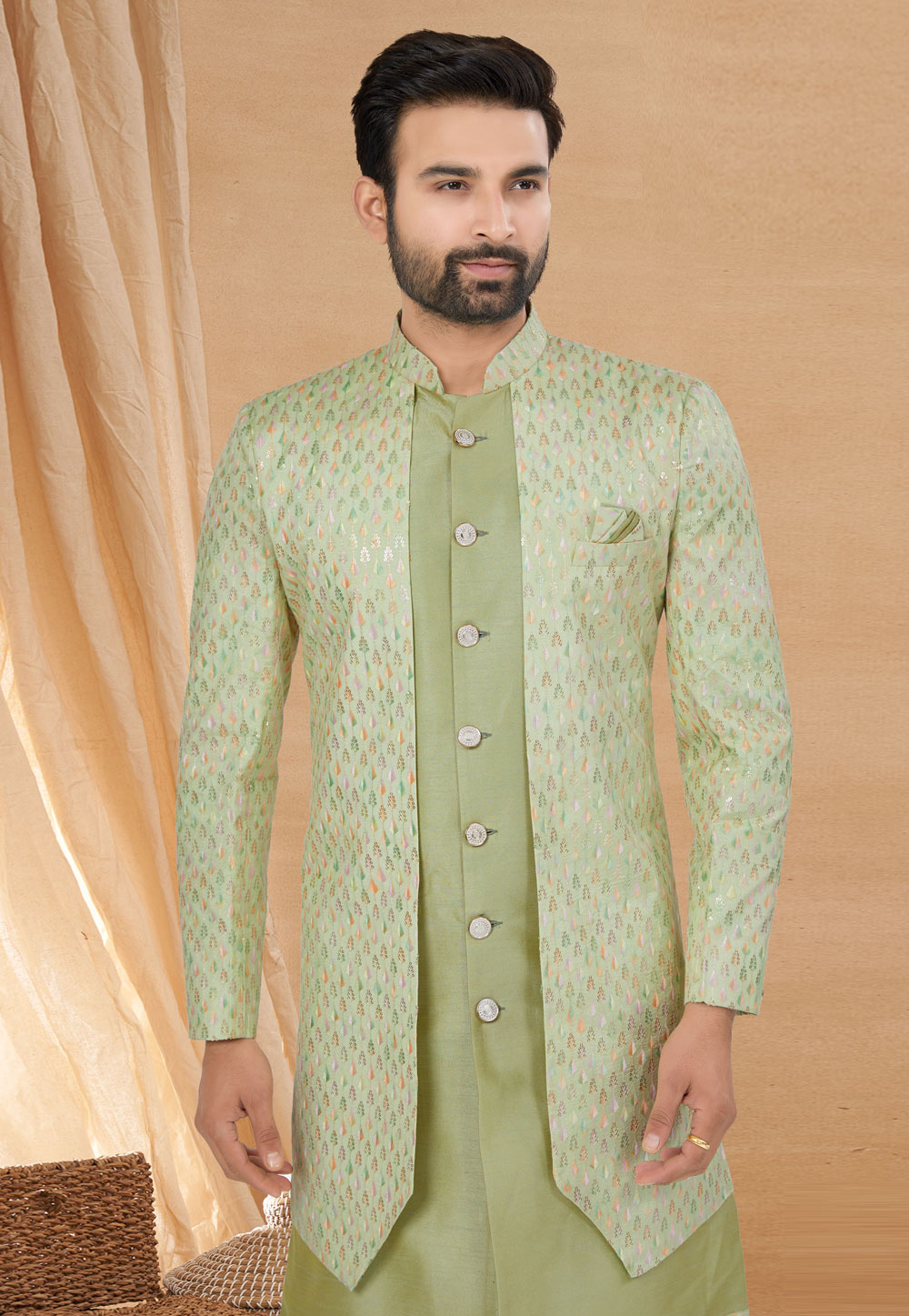 Light Green Indo Western Jacket Kurta Set with Mirror & Sequins Work