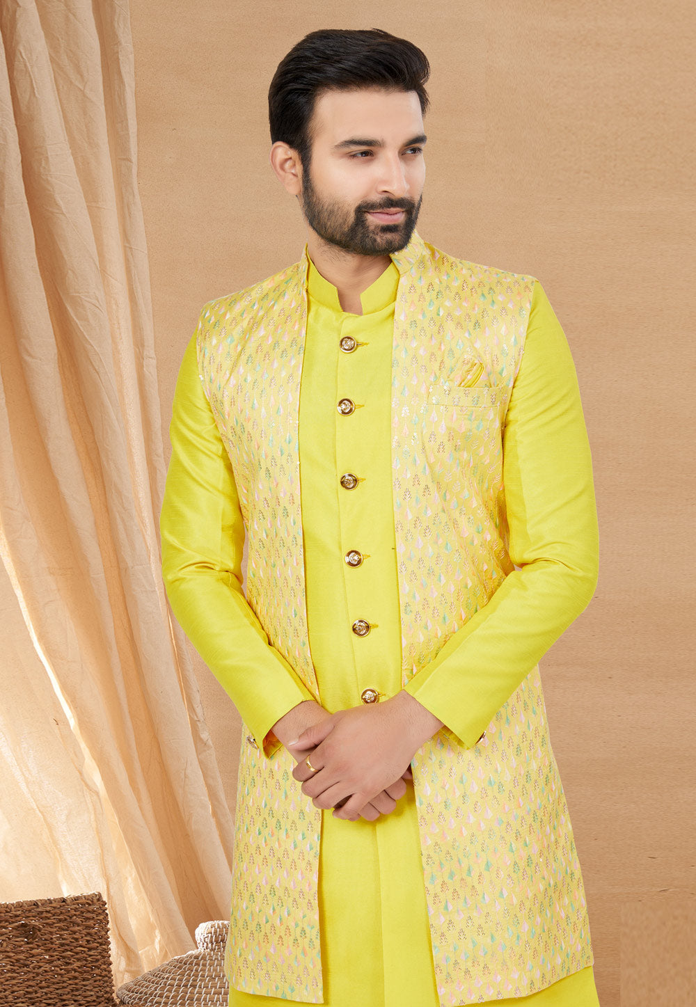 Yellow Indo Western Jacket Kurta Set with Mirror & Sequins Work