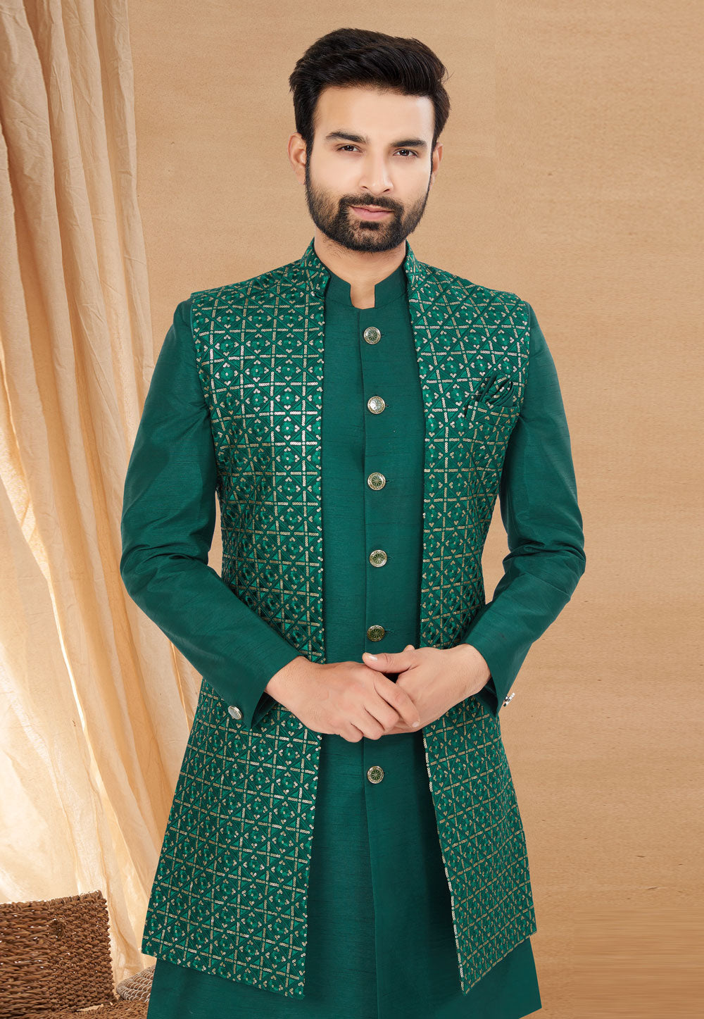 Dark Green Indo Western Jacket Kurta Set with Mirror & Sequins Work