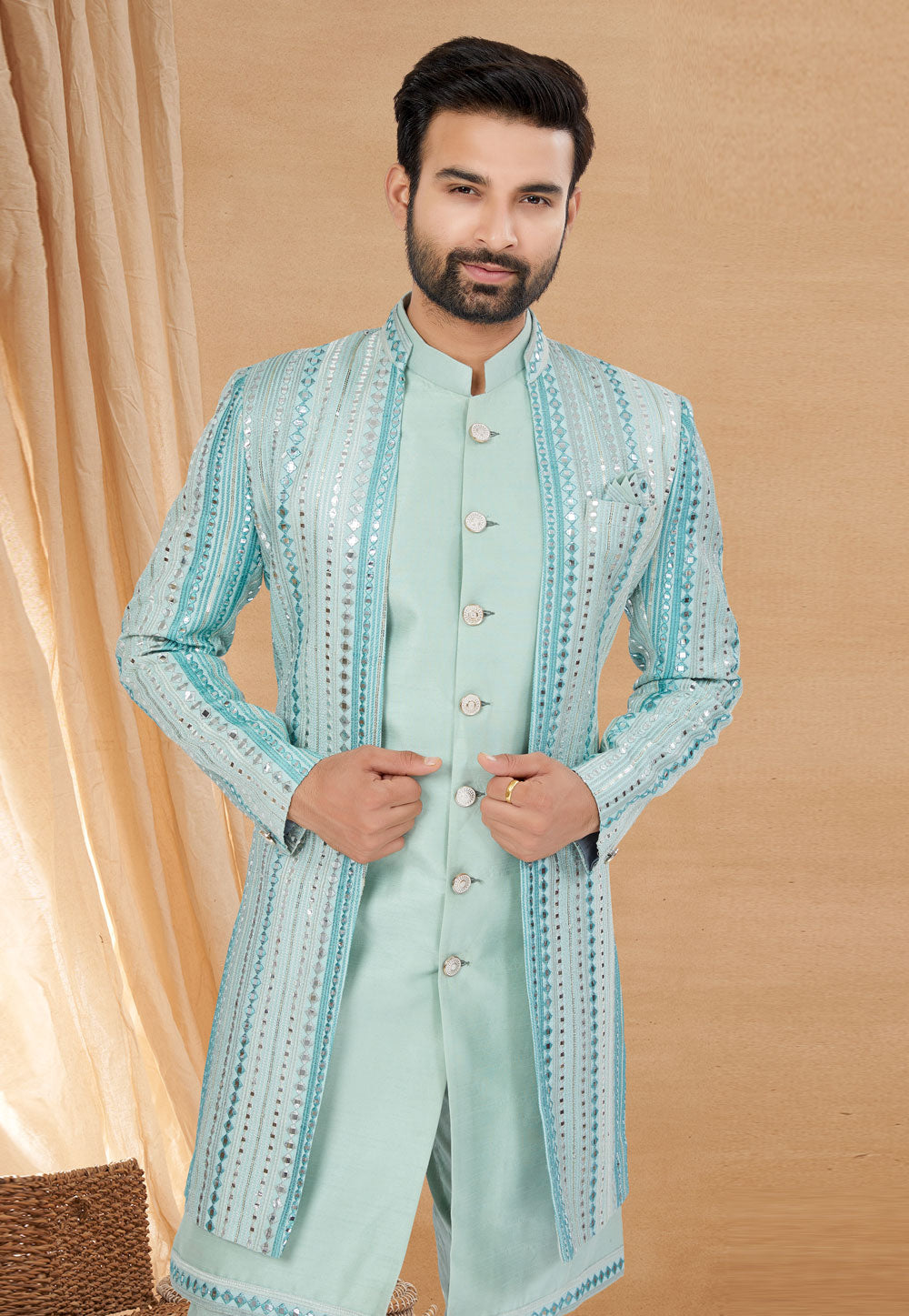 Sky Blue Indo Western Jacket Kurta Set with Mirror & Sequins Work