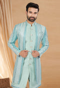 Sky Blue Indo Western Jacket Kurta Set with Mirror & Sequins Work