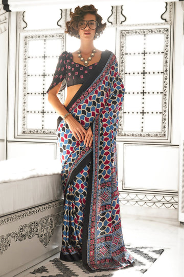 Ajrakh Print Japan Crape Saree