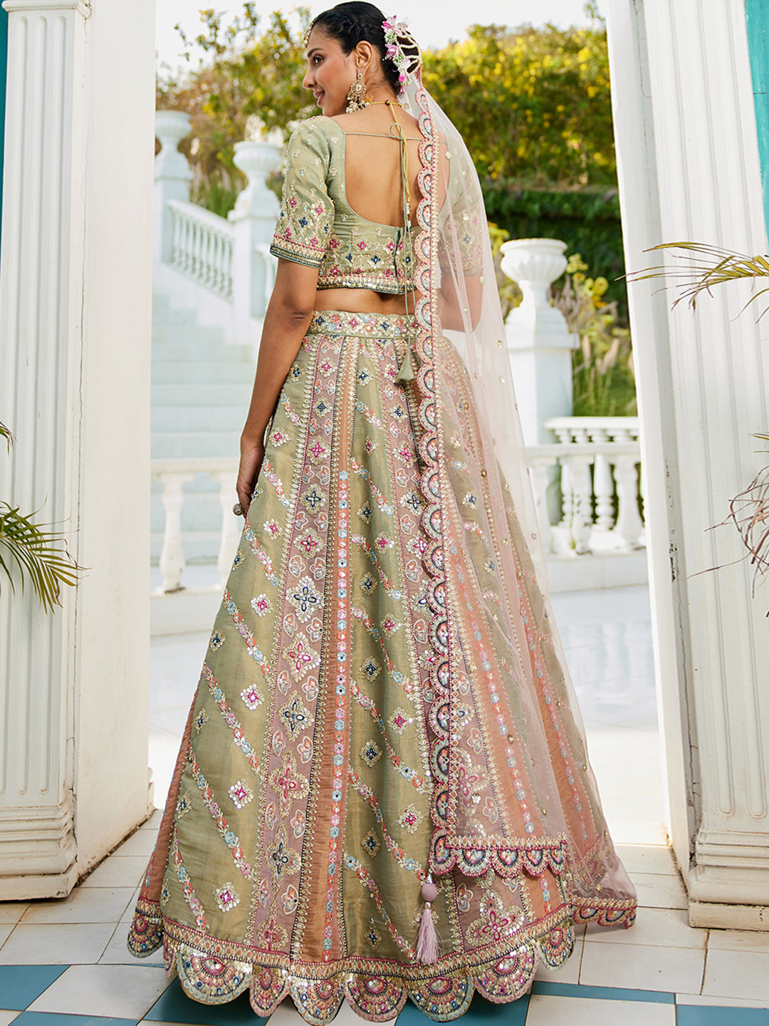 Multi-Color Net Bridal Lehenga with Gotapatti & Sequins Work