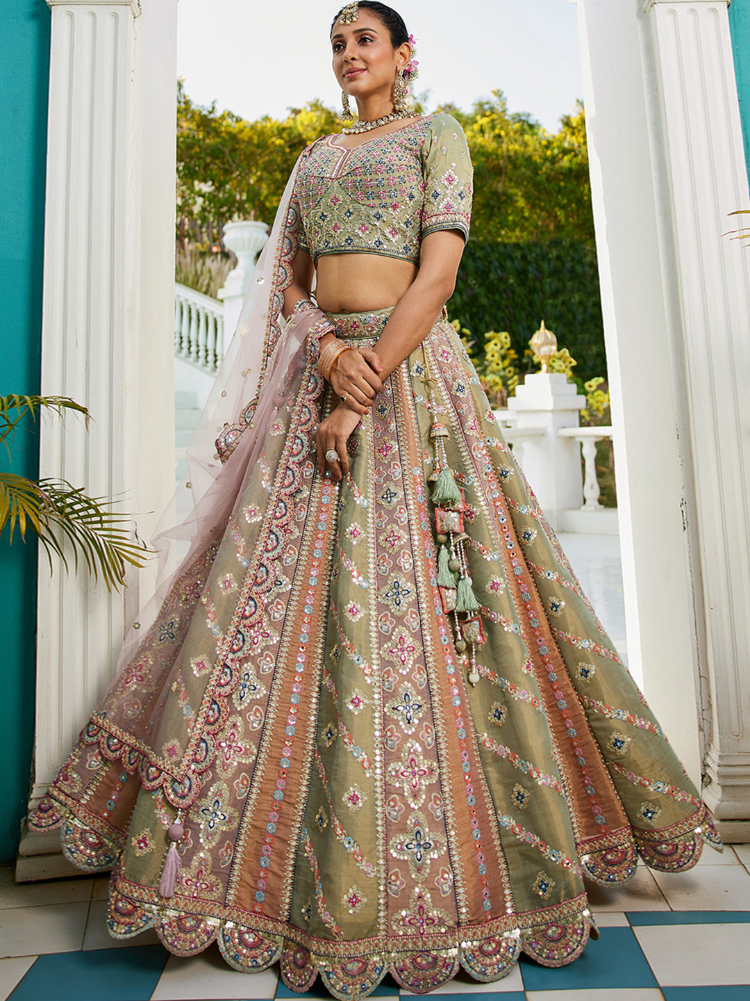 Multi-Color Net Bridal Lehenga with Gotapatti & Sequins Work