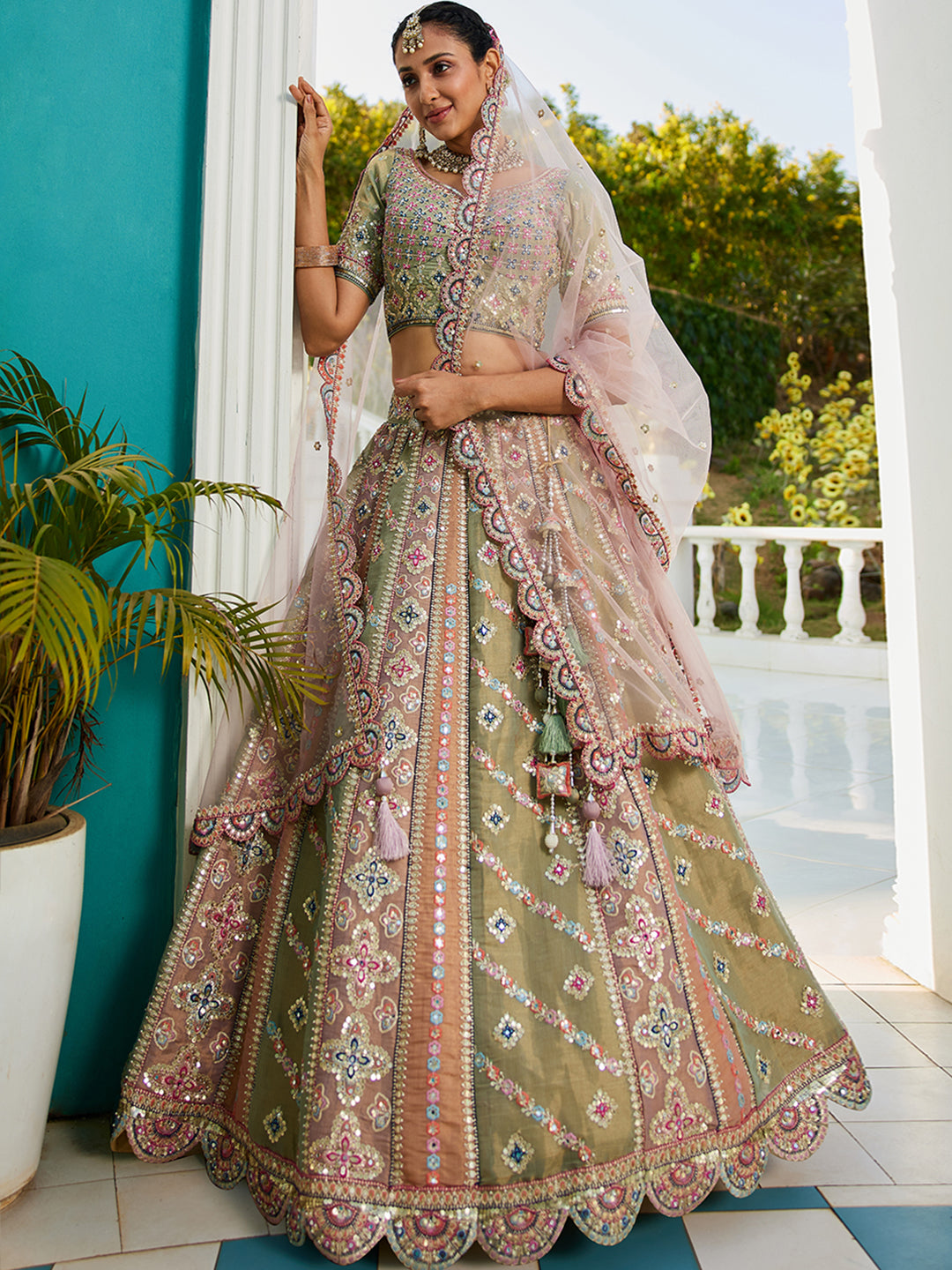 Multi-Color Net Bridal Lehenga with Gotapatti & Sequins Work