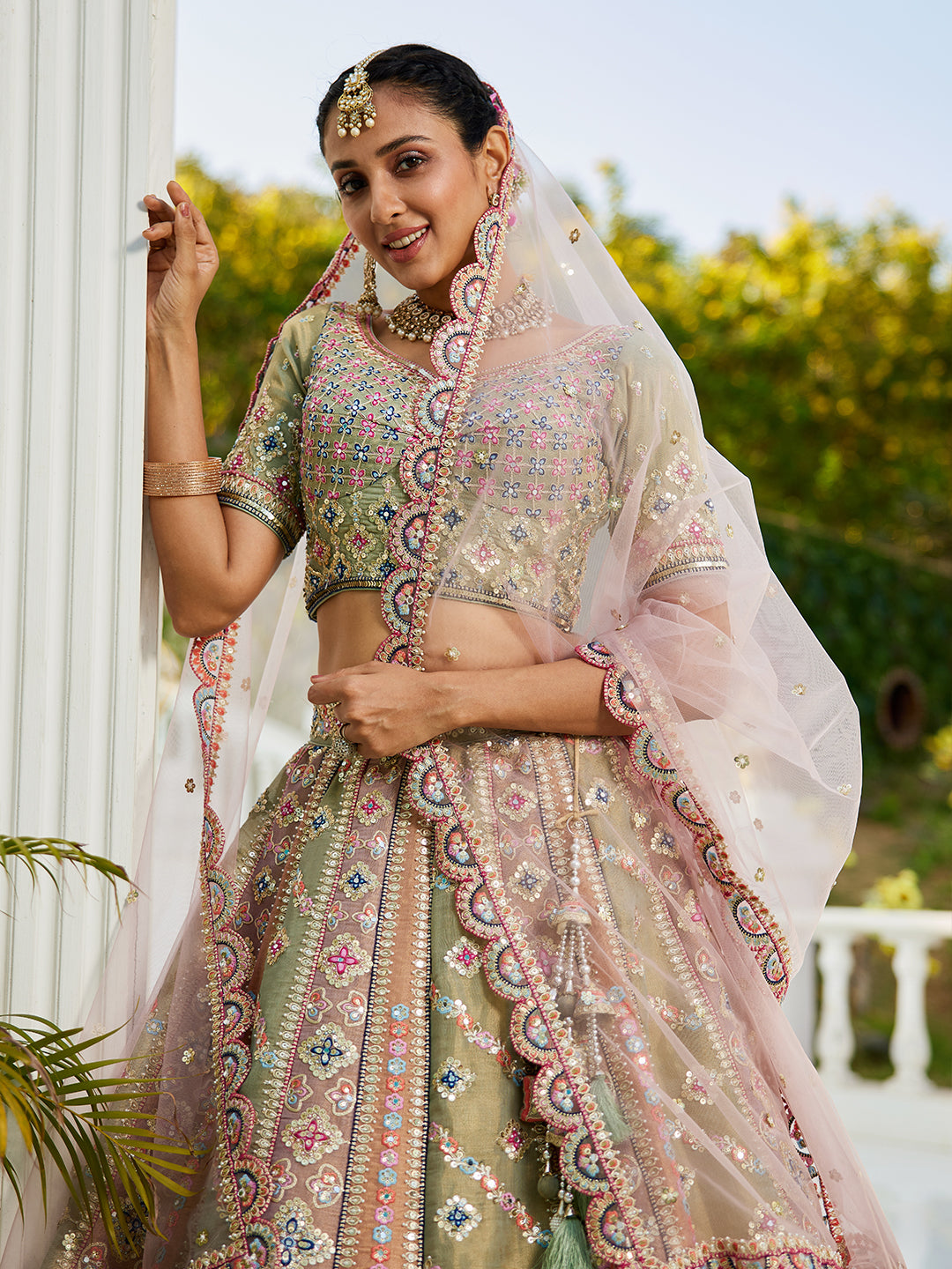 Multi-Color Net Bridal Lehenga with Gotapatti & Sequins Work