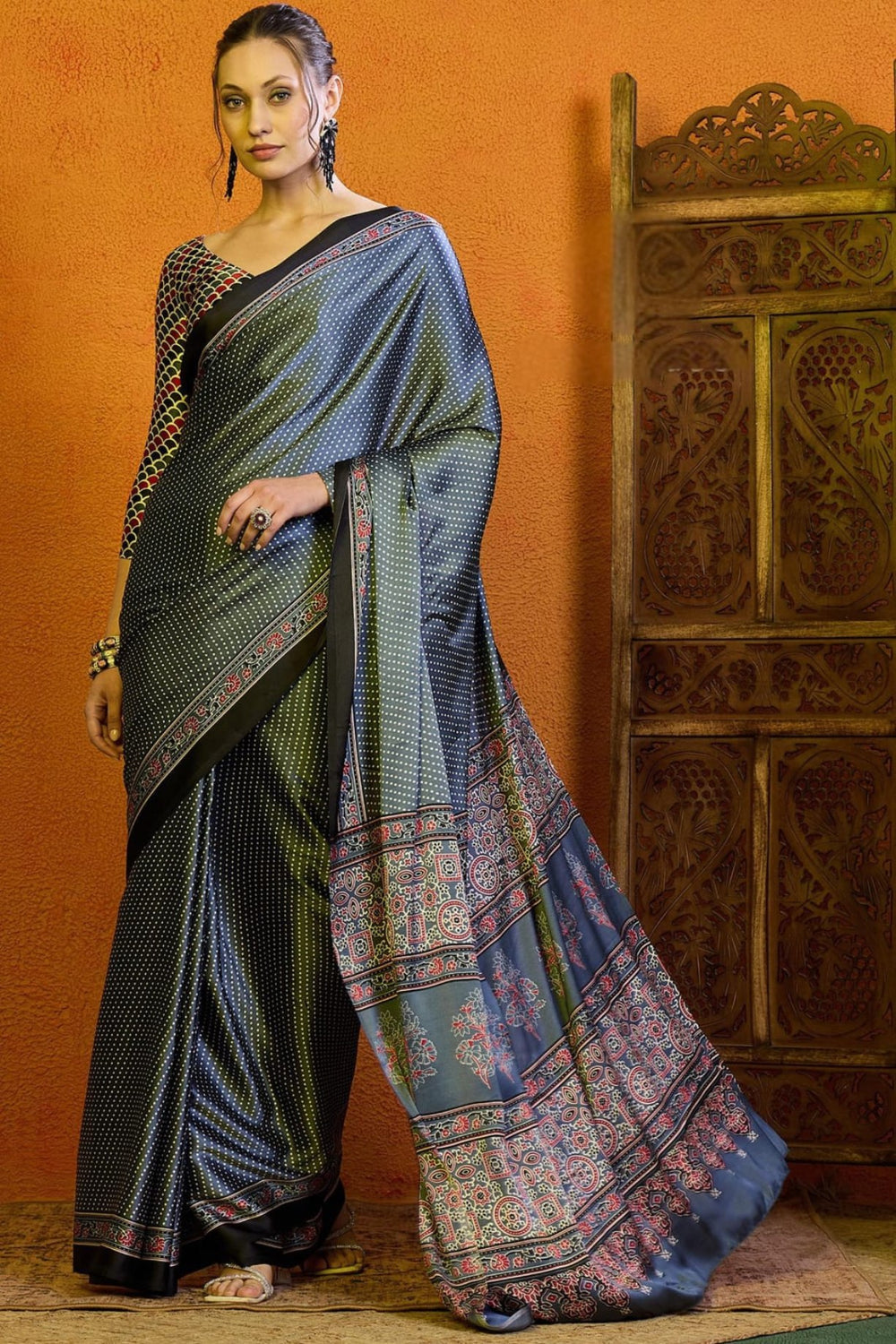 Ajrakh Print Japan Crape Saree