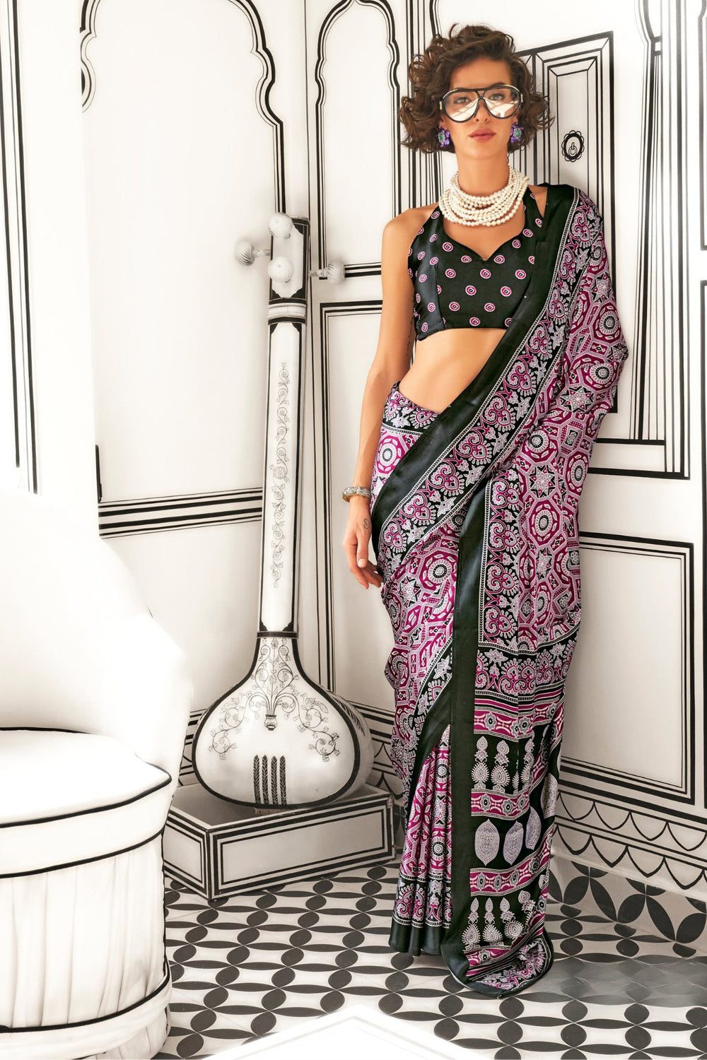 Ajrakh Print Japan Crape Saree