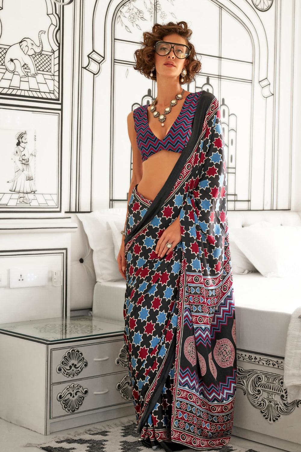 Ajrakh Print Japan Crape Saree