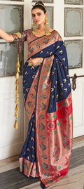 Navy Blue Zari Woven Traditional Paithani Silk Saree