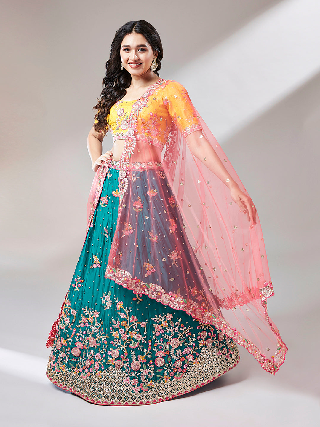 Teal Georgette Sequins Work Floral Lehenga & Blouse with Pink Dupatta