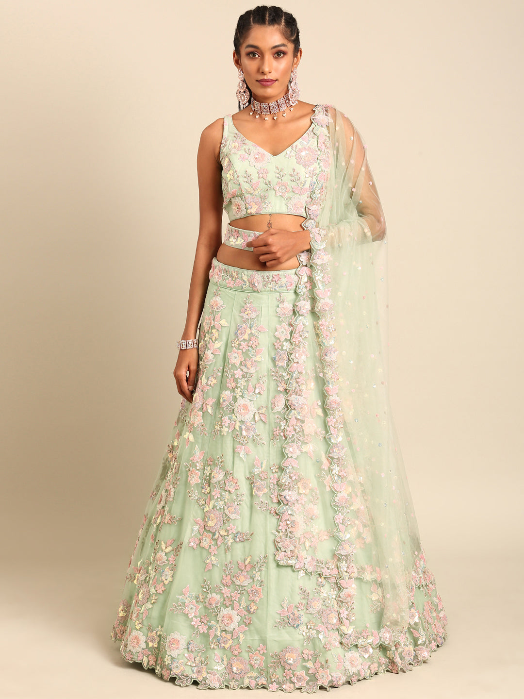 Lime Green Net Floral Sequins with Heavy Zarkan Embroidery Lehenga Choli & Dupatta
