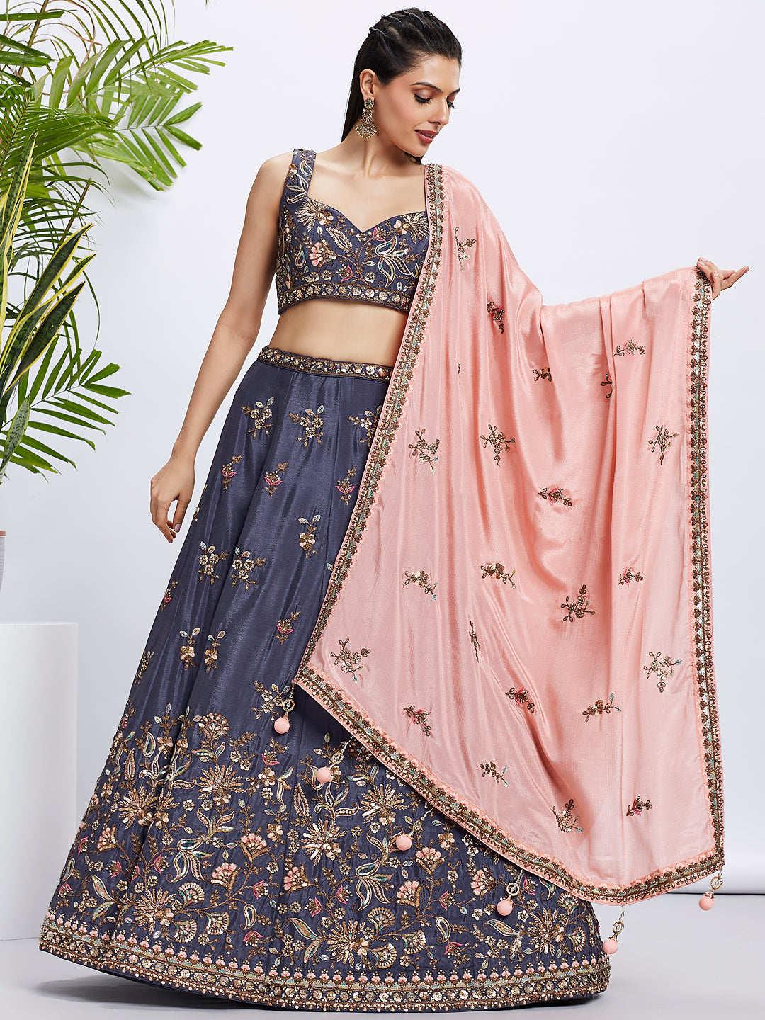 Violet and Peach Bridal Lehenga with Heavy Sequins Embroidery