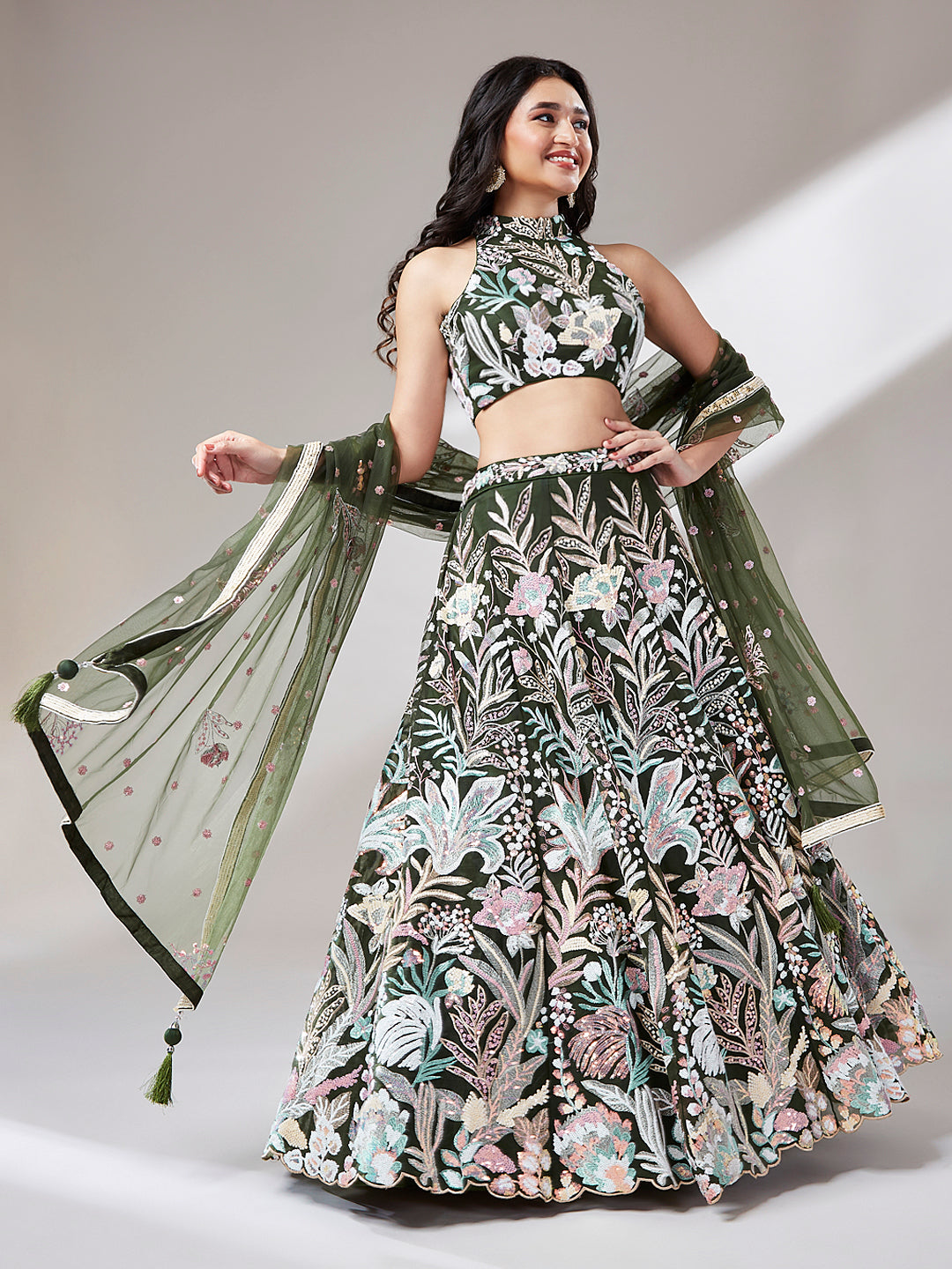 Olive Floral Net Sequin Work Lehenga & Unstitched Blouse with Dupatta