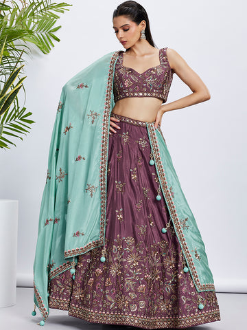 Rose Gold and Sea Green Bridal Lehenga with Heavy Sequins Embroidery