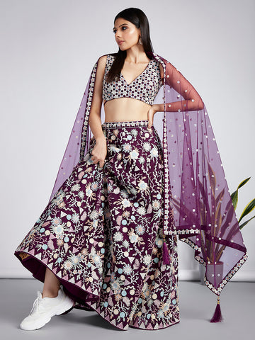 Burgundy Net Floral Sequins Embroidery Lehenga Choli with Dupatta
