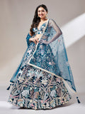 Navy Blue Floral Net Sequin Work Lehenga & Unstitched Blouse with Dupatta