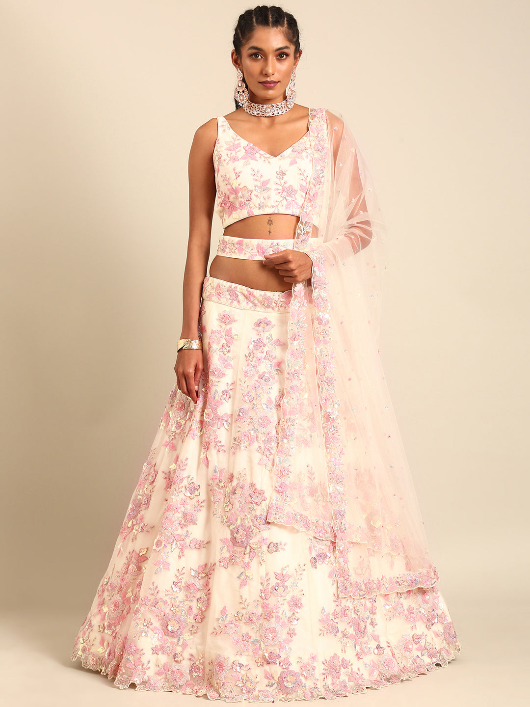 Cream Net Floral Sequins with Heavy Zarkan Embroidery Lehenga Choli & Dupatta