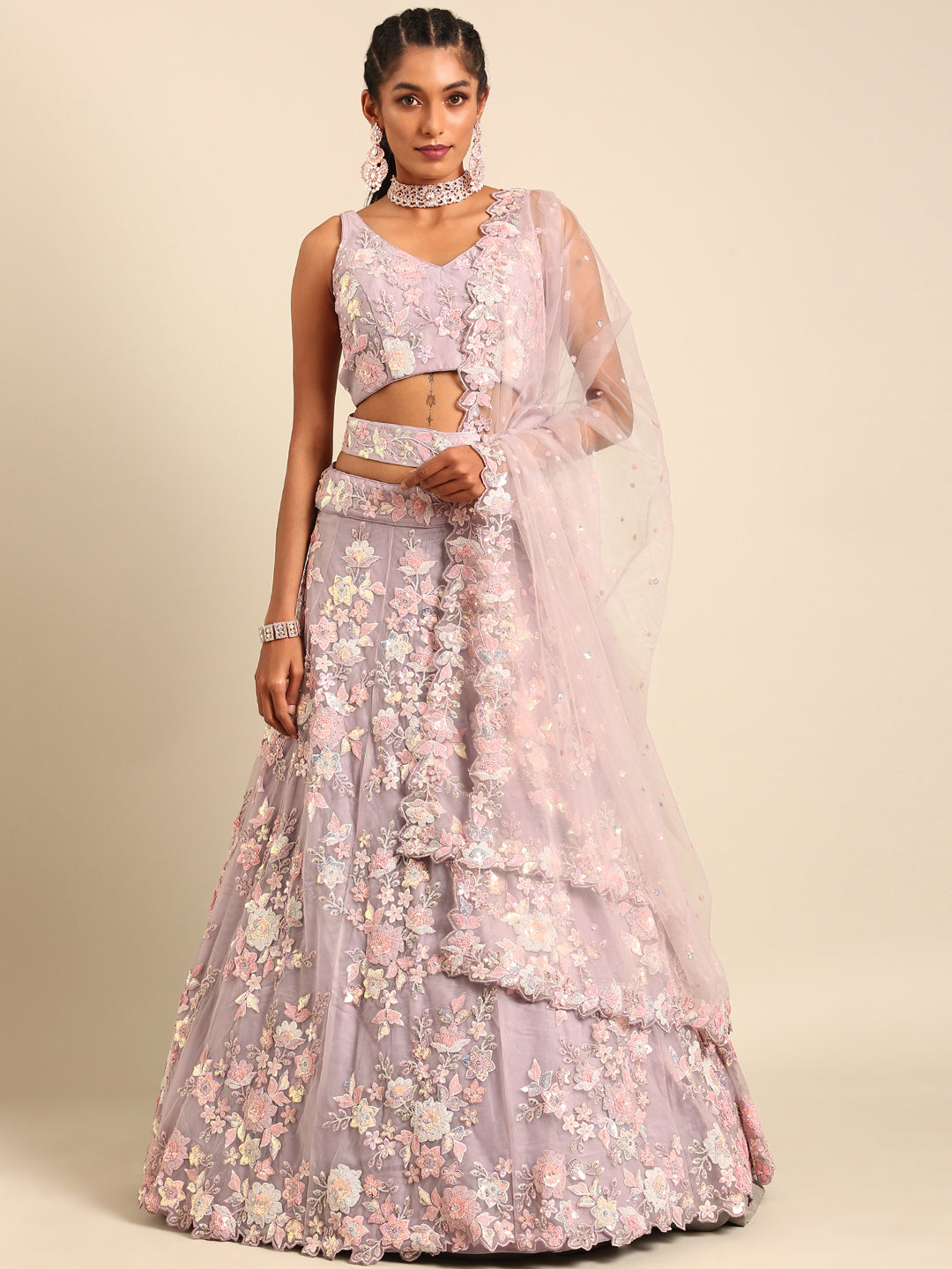 Mauve Net Floral Sequins Lehenga Choli with Heavy Zarkan Embroidery and Dupatta
