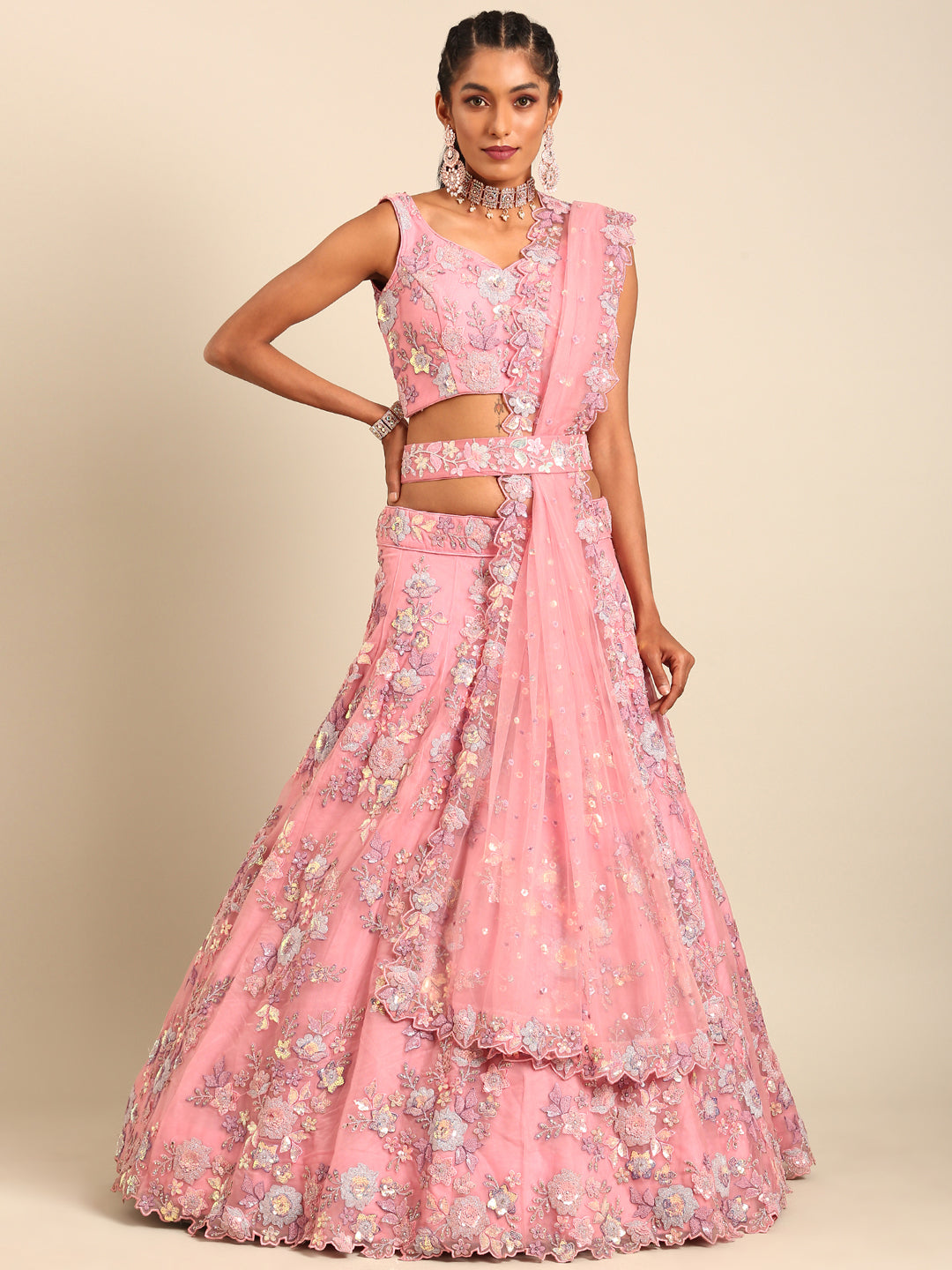 Pink Net Floral Sequins Lehenga Choli with Heavy Zarkan Embroidery and Dupatta