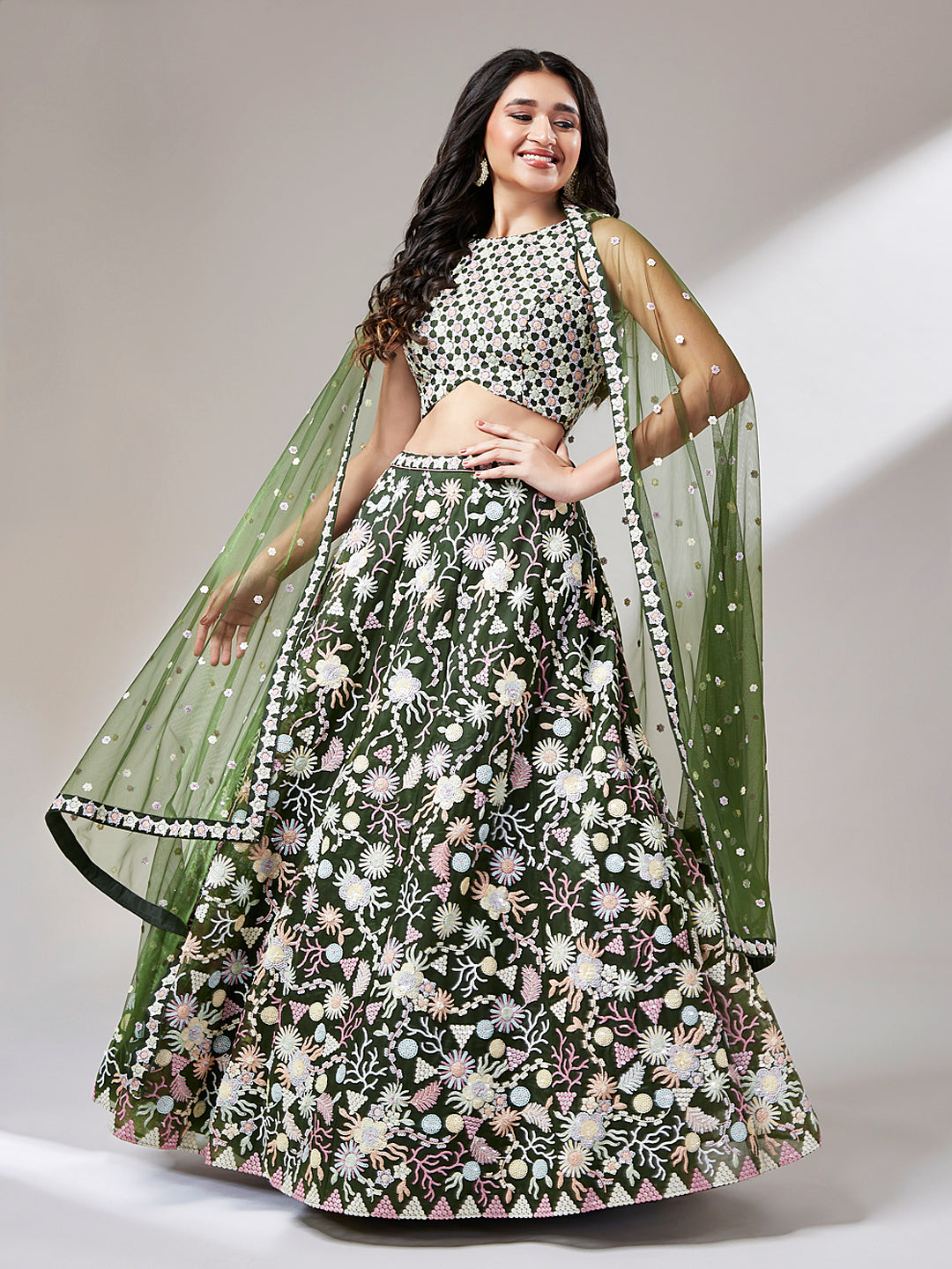 Olive Net Floral Sequins Embroidery Lehenga Choli with Dupatta