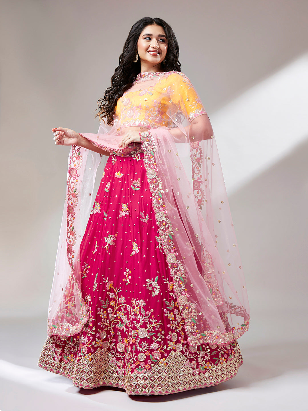 Rose Georgette Sequin Work Lehenga with Mustard Silk Blouse and Pink Net Dupatta