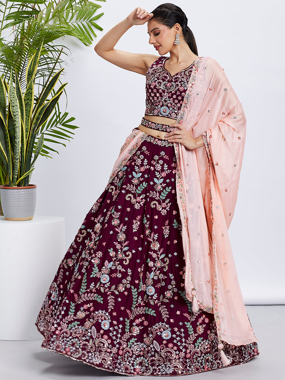 Burgundy Georgette Sequins and Thread Embroidery Lehenga Choli & Dupatta