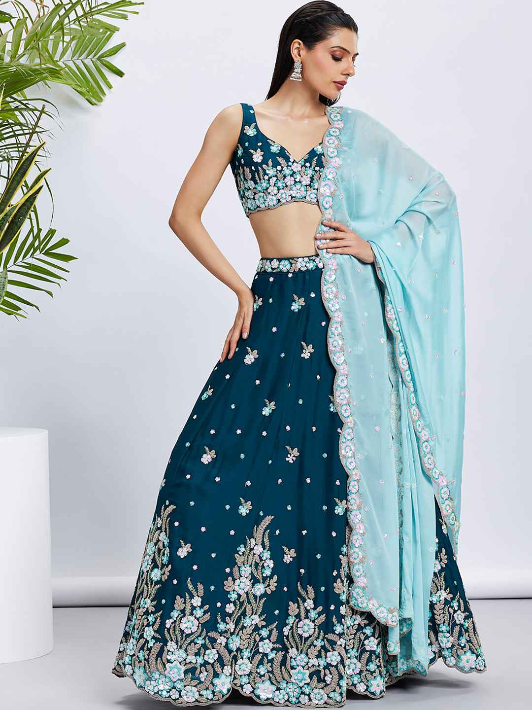 Teal Georgette Sequins & Thread Embroidery Lehenga Choli & Dupatta