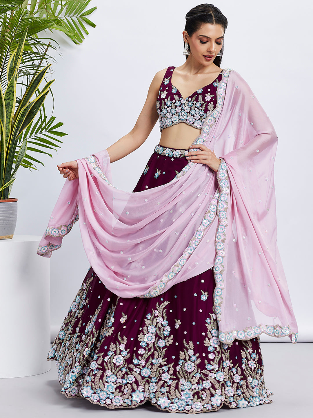 Burgundy Georgette Sequins and Thread Embroidery Lehenga Choli & Dupatta