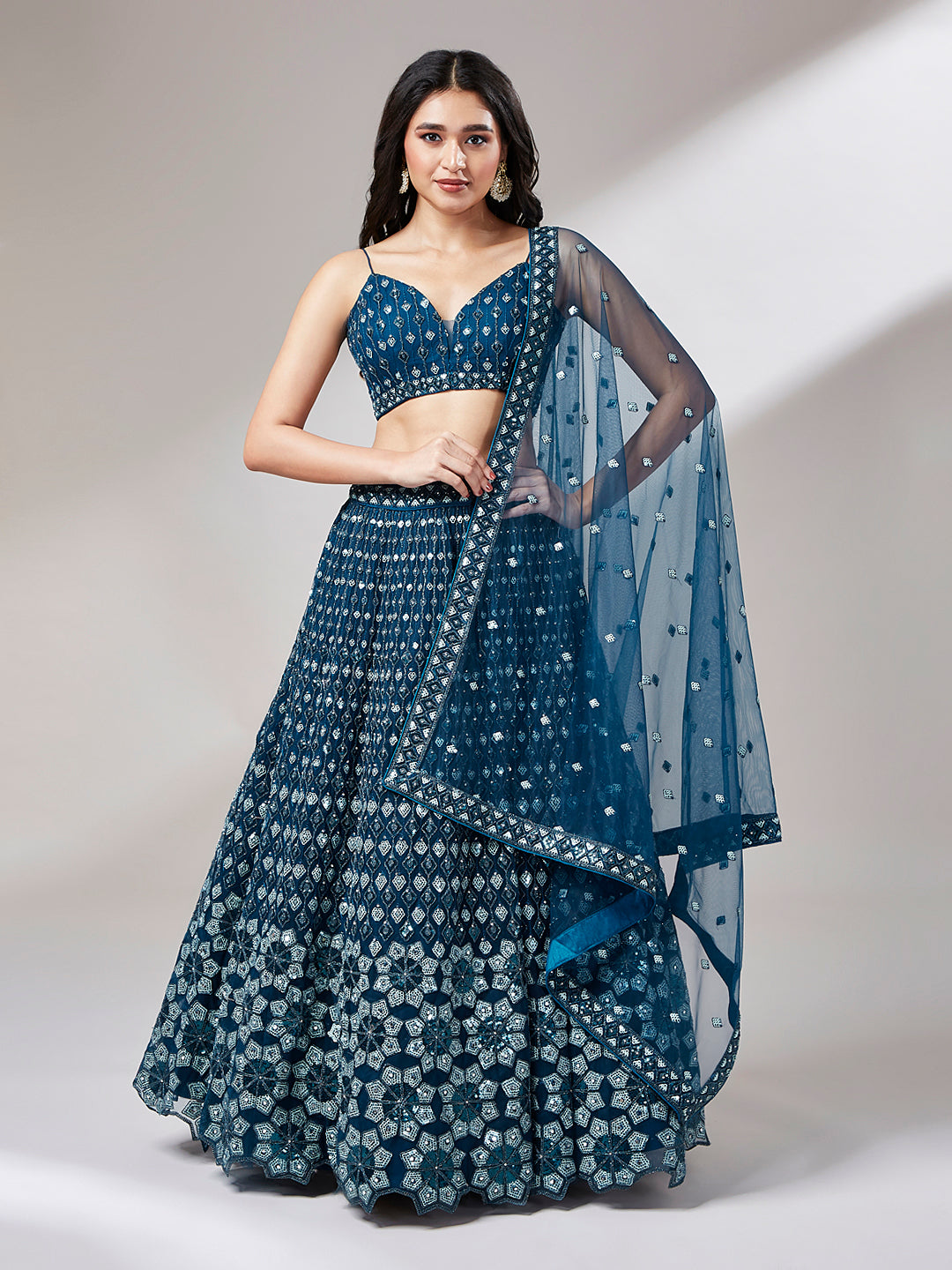 Navy Blue Net heavy Sequins Embroidery Lehenga Choli & Dupatta