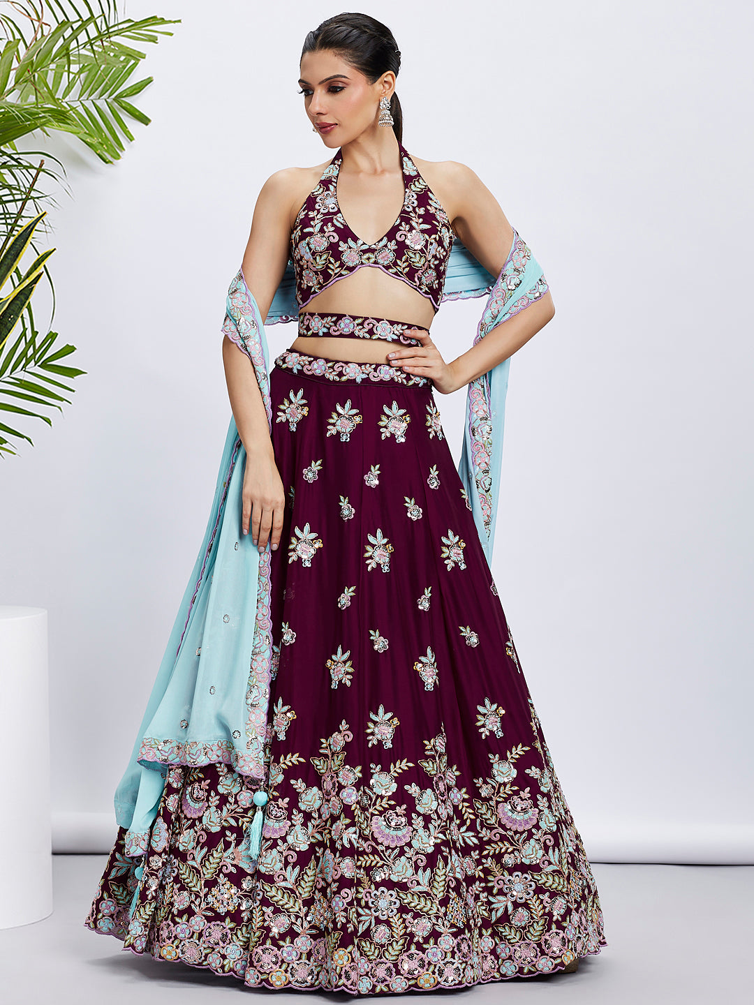 Burgundy Georgette Sequins Thread Embroidery Lehenga Choli & Dupatta