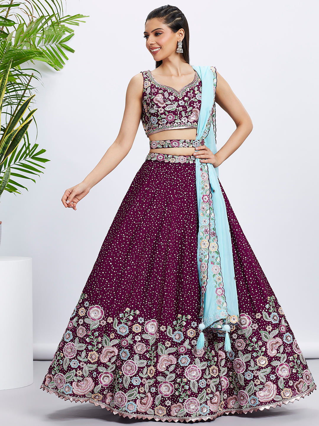 Burgundy Chiffon Sequins Thread Embroidery Lehenga Choli & Dupatta