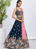 Navy Blue Organza Sequins Thread Embroidery Lehenga Choli & Dupatta