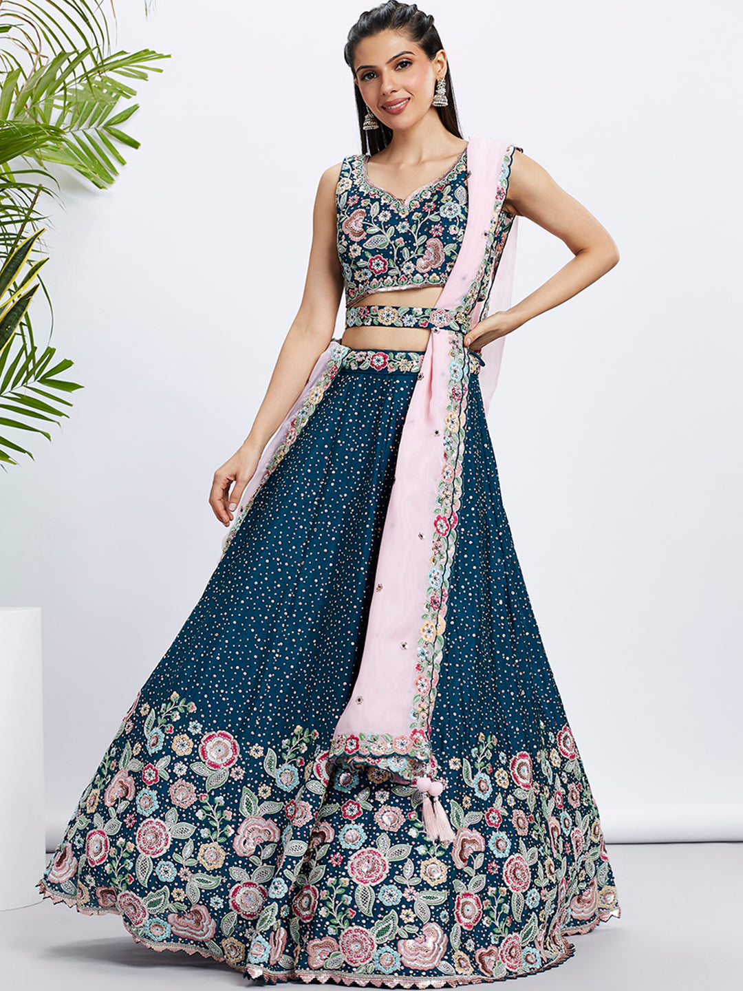 Navy Blue Chiffon Sequins Thread Embroidery Lehenga Choli & Dupatta