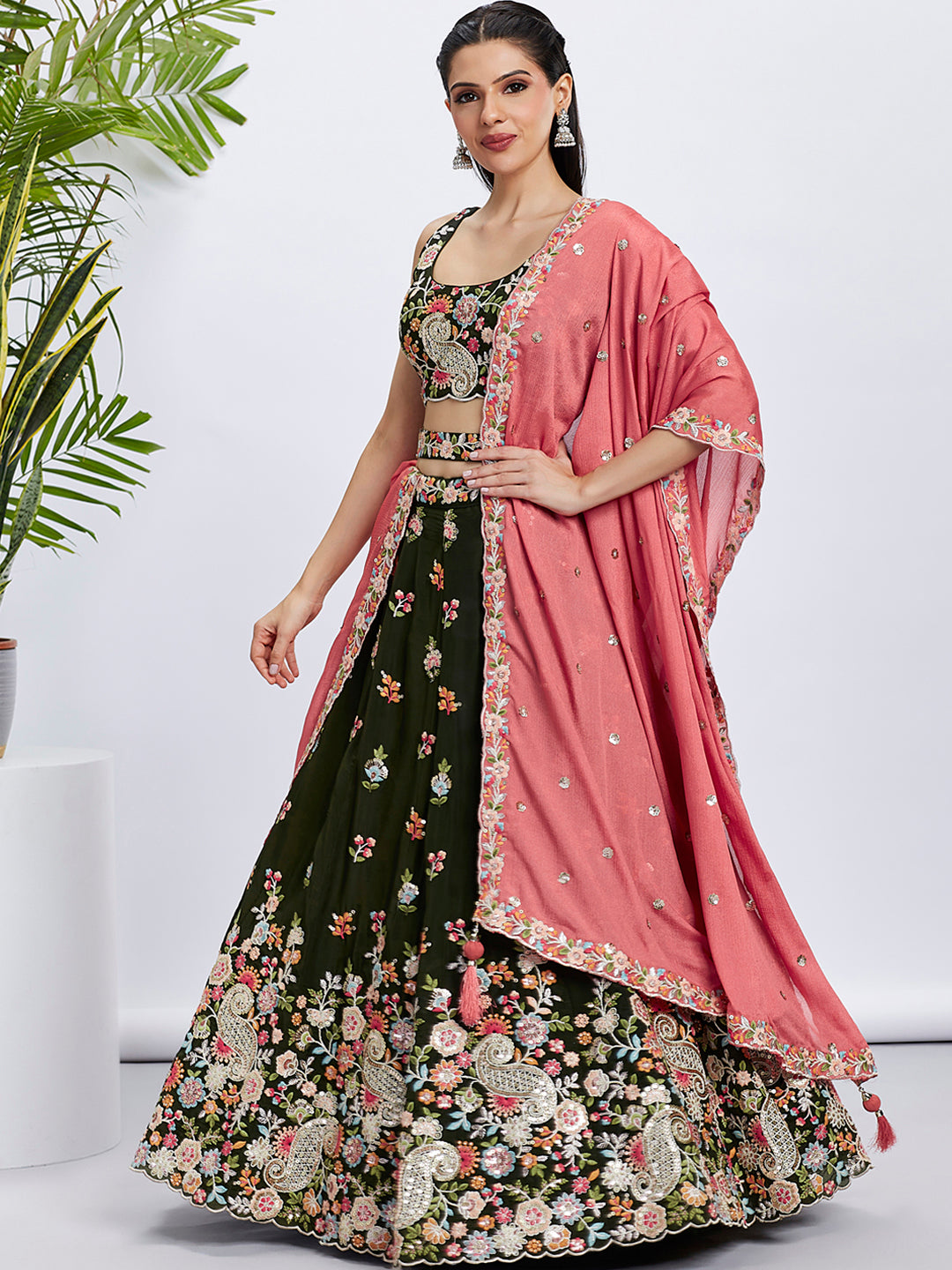 Olive Organza Sequins Thread Embroidery Lehenga Choli & Dupatta