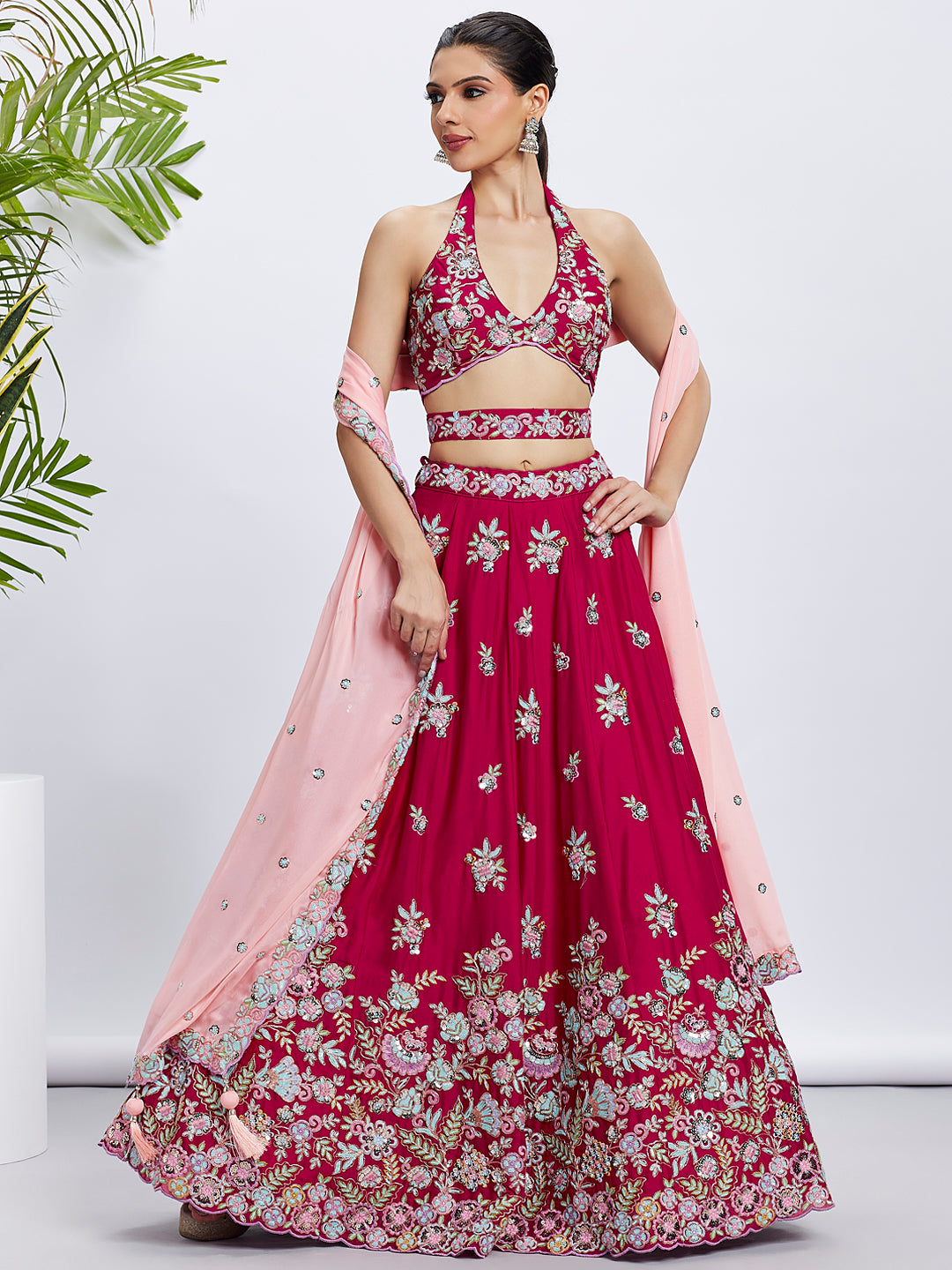 Rose Georgette Sequins and Thread Embroidery Lehenga Choli & Dupatta